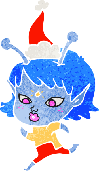 Bir insan tarafından çizilmiş Noel Baba şapkasıyla koşan uzaylı bir kızın güzel el çizimi karikatürü.