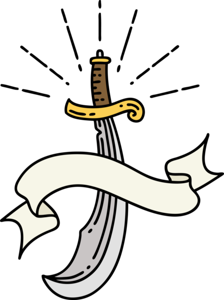 Bir insan tarafından çizilmiş kılıç dövmeli parşömen.