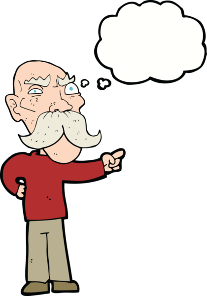 Bir insan tarafından çizilen düşünce baloncuğuyla işaret eden yaşlı adam sinirlendi.