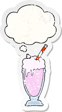 Düşünce baloncuklu karikatür milkshake 'i insan tarafından çizilmiş yıpranmış bir çıkartma gibi.