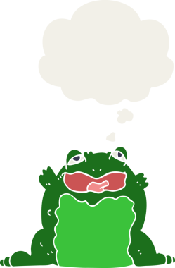 Düşünce baloncuğu olan çizgi film karakurbağası insan tarafından çizilmiş.