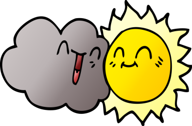 Bir insan tarafından çizilmiş mutlu güneş ve bulut karalaması.