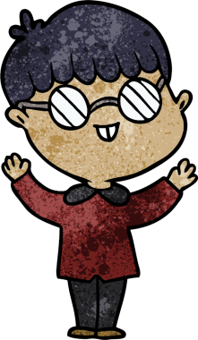 Bir insan tarafından çizilmiş gözlük takan çizgi film çocuğu.