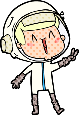 Mutlu astronot çizgi filmi bir insan tarafından çizilmiş barış işareti veriyor.