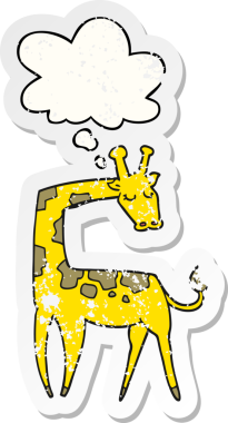 Düşünce baloncuğu olan çizgi film zürafası insan tarafından çizilmiş yıpranmış bir çıkartma.