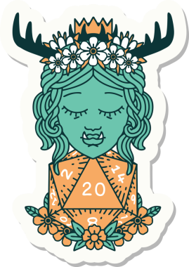 Bir insan tarafından çizilmiş 20 zarlı yarı ork Druid çıkartması.