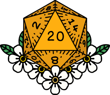 Retro Dövme Biçimi Doğal 20 D20 zar bir insan tarafından çizilmiş çiçek elementleriyle