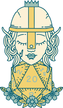 Retro Tattoo stili elf dövüşçüsü. Bir insan tarafından çizilmiş 20 zar ile.