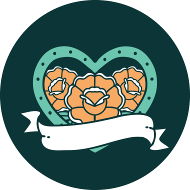 İkonik dövme stili bir kalp ve bir insan tarafından çizilmiş çiçekli pankart.