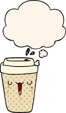 Çizgi roman tarzında bir insan tarafından çizilmiş düşünce balonlu kahve fincanı.