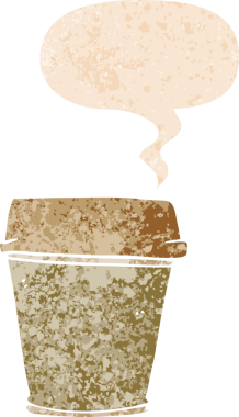 Çizgi film, bir insan tarafından çizilmiş grunge ile konuşma baloncuğu ile kahveyi dışarı çıkarır.