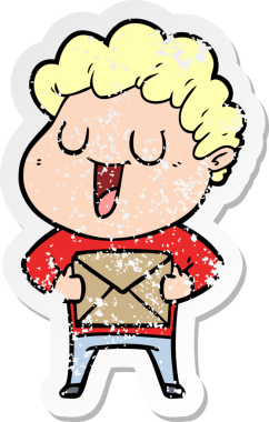 Bir insan tarafından çizilmiş paketli, gülen bir karikatürcünün sıkıntılı çıkartması.