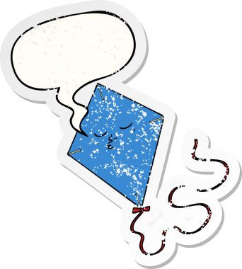 Konuşma baloncuğu olan çizgi film uçurtması bir insan tarafından çizilmiş sıkıntılı eski bir çıkartma