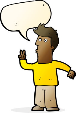 Bir insan tarafından çizilmiş konuşma balonuyla barış işareti yapan çizgi film adamı.