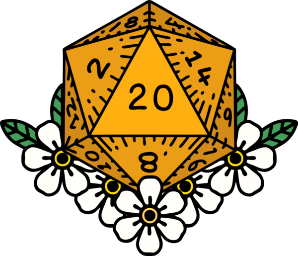 Retro Dövme Biçimi Doğal 20 D20 zar bir insan tarafından çizilmiş çiçek elementleriyle