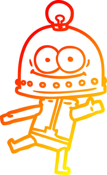 Bir insan tarafından çizilmiş ampullü mutlu bir robot çizimi.