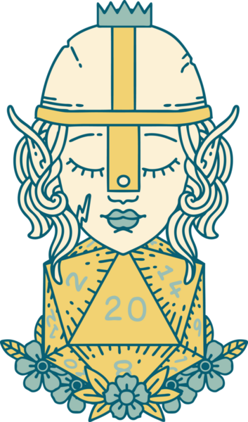 Retro Tattoo stili elf dövüşçüsü. Bir insan tarafından çizilmiş 20 zar ile.