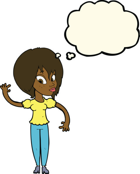 Bir insan tarafından çizilmiş düşünce baloncuğuyla el sallayan çizgi film kadını.