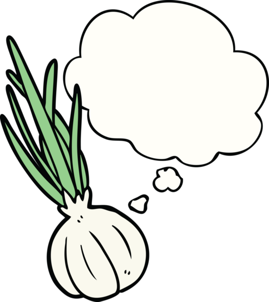 Bir insan tarafından çizilmiş düşünce baloncuklu sarımsak.