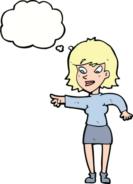 Bir insan tarafından çizilmiş düşünce balonuyla işaret eden çizgi film kadını.