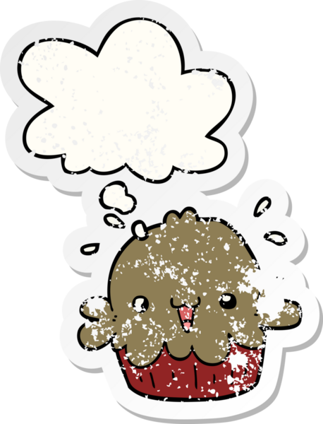 Düşünce baloncuğu olan şirin bir çizgi film pastası bir insan tarafından çizilmiş yıpranmış bir çıkartma gibi.