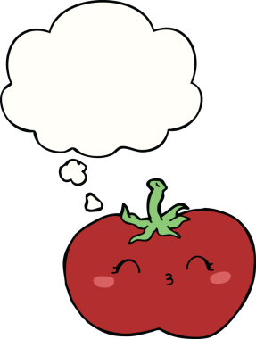 Bir insan tarafından çizilmiş düşünce baloncuklu domates.