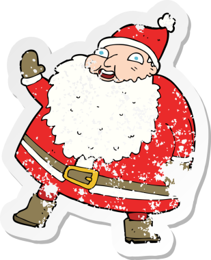 Bir insan tarafından çizilmiş komik sallanan Noel Baba karikatürünün gerilimli retro çıkartması.