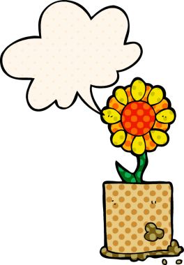 Bir insan tarafından çizilmiş çizgi roman tarzında konuşma baloncuğu olan karikatür çiçeği.