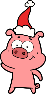 Bir insan tarafından çizilmiş Noel Baba şapkası takan bir domuzun çizdiği mutlu el çizgisi.
