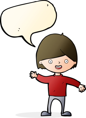 Bir insan tarafından çizilmiş konuşma balonu olan bir çizgi film çocuğu.