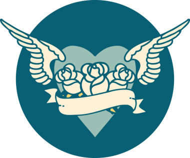 Kanatlı, çiçek ve bir insan tarafından çizilmiş bir kalbin ikonik dövme görüntüsü.