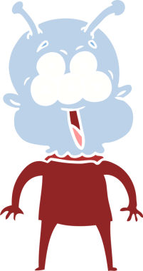 Bir insan tarafından çizilmiş mutlu düz renkli çizgi film uzaylısı.