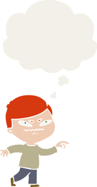 Bir insan tarafından çizilmiş, düşünce baloncuğuyla dolu kızgın bir çizgi film.