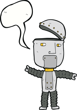 Bir insan tarafından çizilmiş konuşma balonu olan çizgi film robotu.