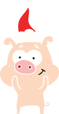 Mutlu el çizimi düz renk çizimi Noel Baba şapkası takan bir domuzun insan tarafından çizilmiş.