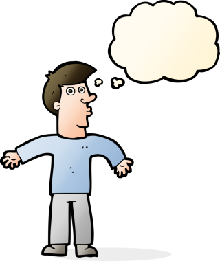 Bir insan tarafından çizilmiş düşünce baloncuğuyla omuzlarını silkeleyen çizgi film adamı.
