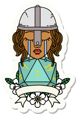 Ağlayan bir insan dövüşçüsünün çıkartması. Bir insan tarafından çizilmiş doğal bir D20 zarı var.