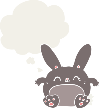 Düşünce baloncuklu çizgi film tavşanı insan tarafından çizilmiş.