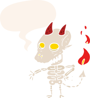 bir insan tarafından çizilmiş eski tarz konuşma baloncuğu olan ürkütücü iskelet bir çizgi film iblisi.