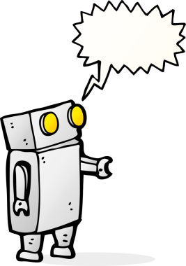 Bir insan tarafından çizilmiş konuşma balonu olan çizgi film robotu.