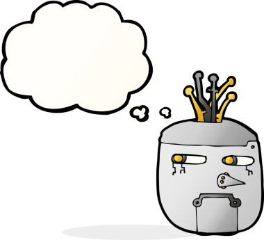 Bir insan tarafından çizilmiş düşünce baloncuklu robot kafası.