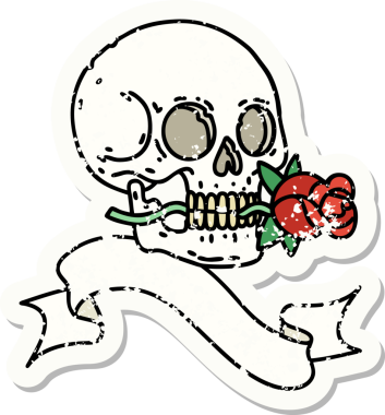 Bir insan tarafından çizilmiş kafatası ve gülü olan eski bir etiket.