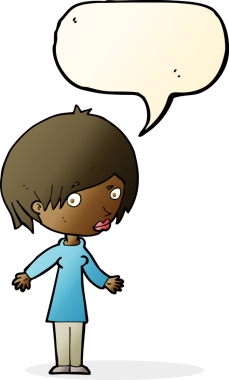 Bir insan tarafından çizilmiş konuşma baloncuğuyla omuz silken çizgi film kadını.