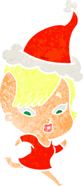 Bir insan tarafından çizilmiş Noel Baba şapkası giymiş şaşırmış bir kızın el çizimi karikatürü.