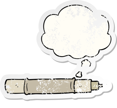 Düşünce baloncuklu çizgi film kalemi insan tarafından çizilmiş yıpranmış bir çıkartma gibi.