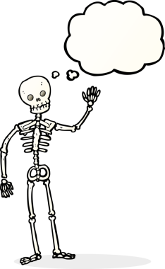 Bir insan tarafından çizilmiş düşünce baloncuklu iskelet sallayan bir çizgi film.