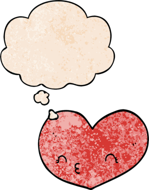 bir insan tarafından çizilmiş, suratında düşünce kabarcığı olan karikatür kalp.