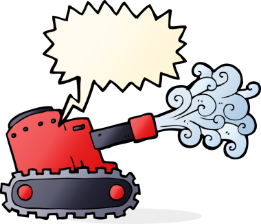 Bir insan tarafından çizilmiş konuşma balonlu karton ordu tankı.