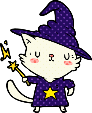 Bir insan tarafından çizilmiş büyüleyici çizgi film kedi sihirbazı.