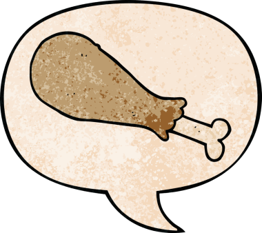 Çizgi film tavuk bacağı, konuşma baloncuğu ile insan tarafından çizilmiş retro doku.